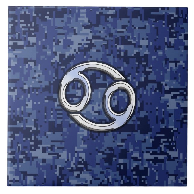 Silver Cancer Zodiac Sign Navy Blue Digital Camo Tile (Front)