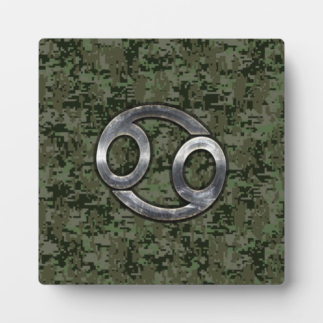 Silver Cancer Zodiac Sign on Green Digital Camo Plaque (Front)