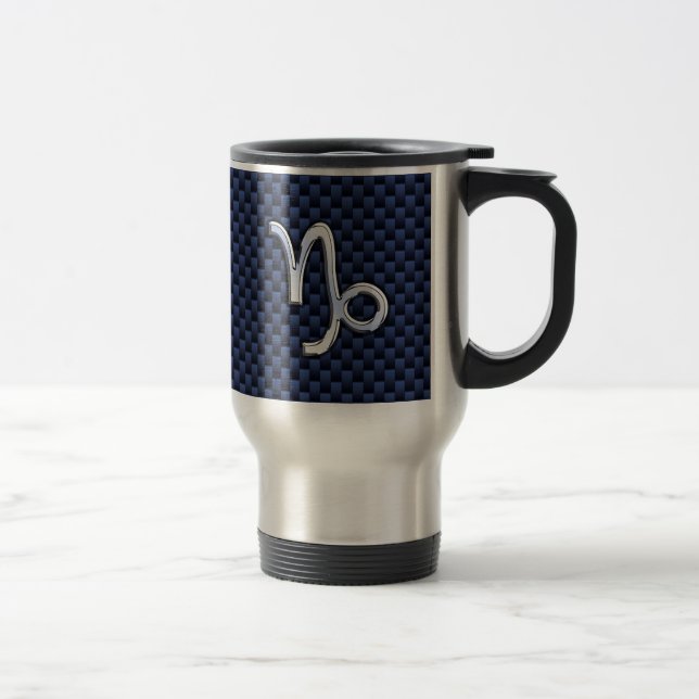Silver Capricorn Zodiac Sign Blue Carbon Style Travel Mug (Right)