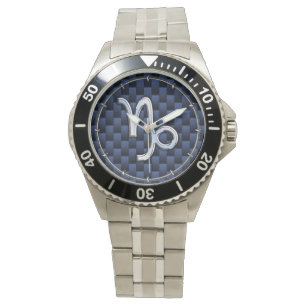 Silver Capricorn Zodiac Sign Blue Carbon Style Watch