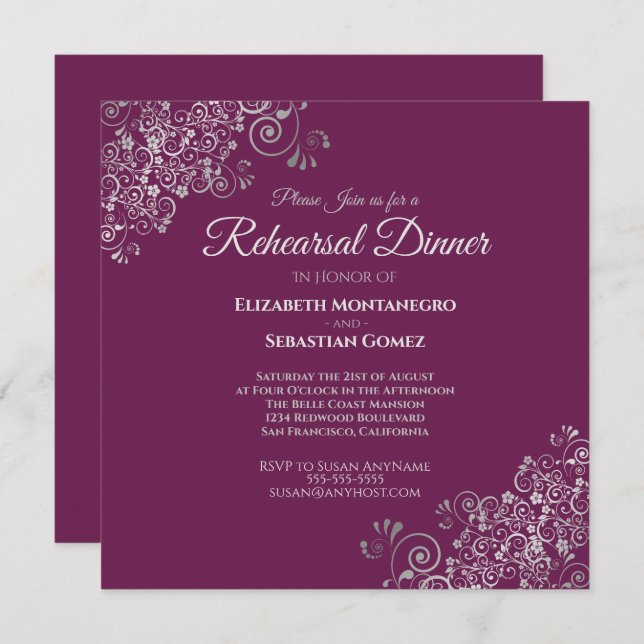 Silver & Cassis Square Wedding Rehearsal Dinner Invitation (Front/Back)