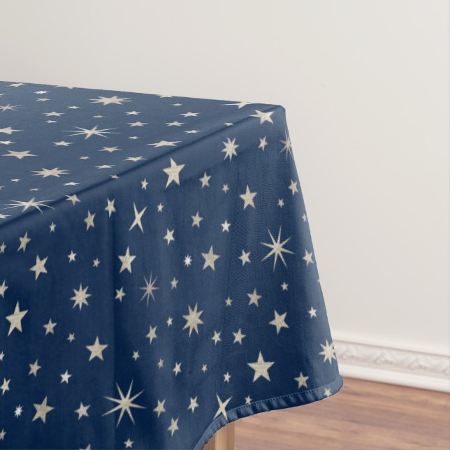 Silver Celestial Star Pattern Cute Navy Blue Party Tablecloth (In Situ)