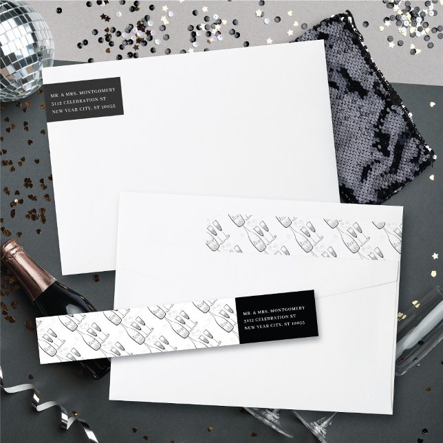 Silver Champagne New Year Holiday Address Labels (Silver Champagne Cheers Stylish New Year Return Address Wrap Around Label @ fat_fa_tin)
