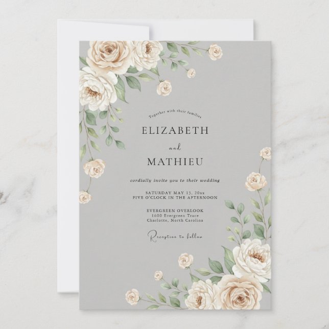 Silver Champagne Peony Wedding Invitation (Front)