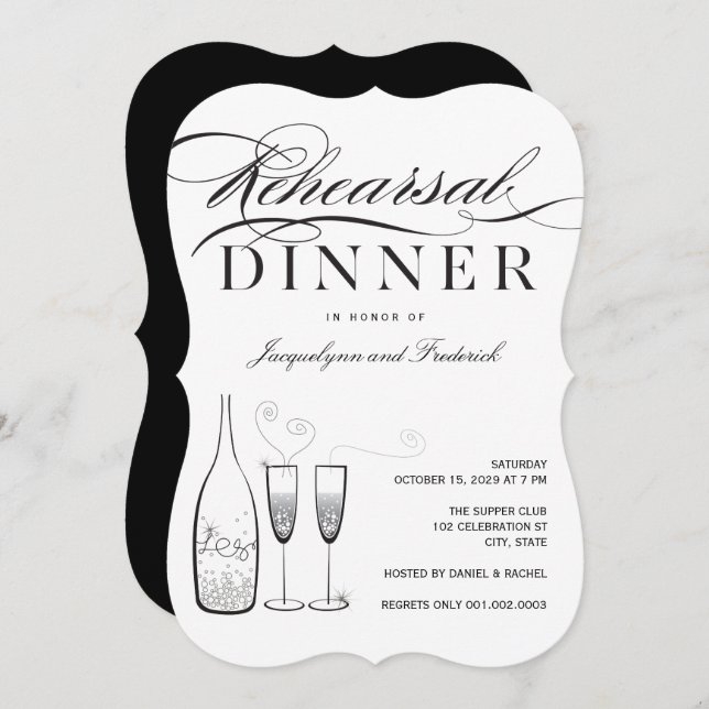 Silver Champagne Rehearsal Dinner Party Invite (Front/Back)