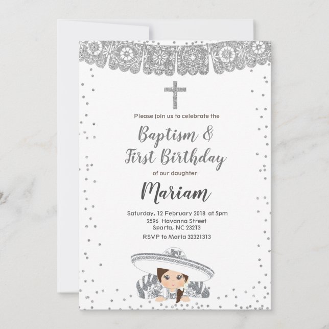 Silver Charra Girl baptism and birthday invitation (Front)