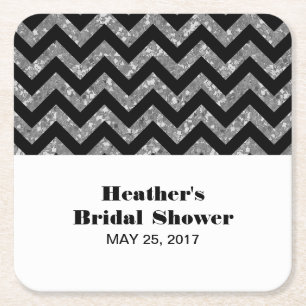 Silver Chevron Glitter Bridal Shower Paper Coaster
