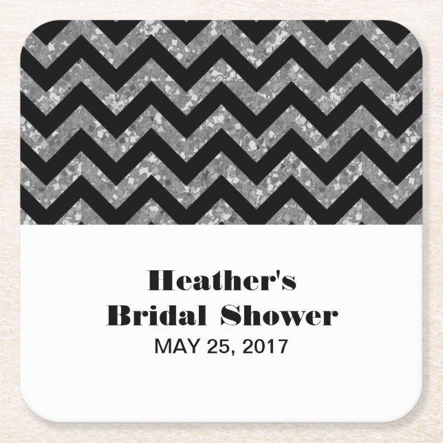 Silver Chevron Glitter Bridal Shower Paper Coaster (Front)