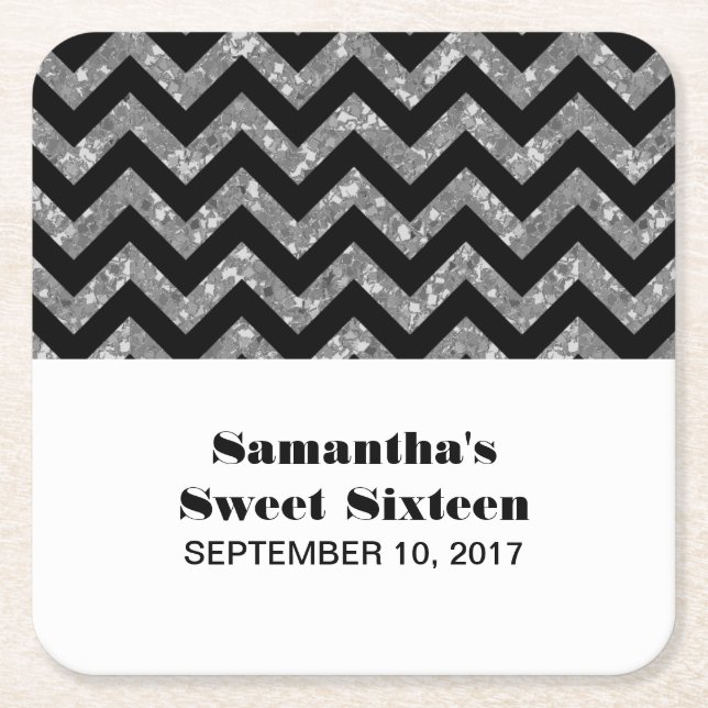 Silver Chevron Glitter Sweet 16 Paper Coasters (Front)