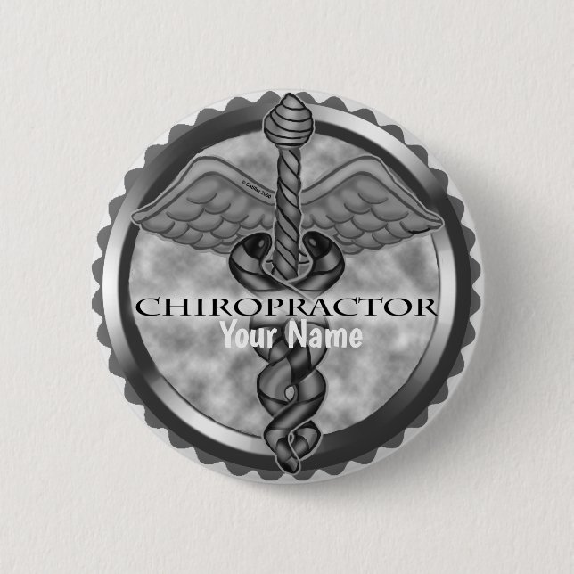 Silver chiropractor  6 cm round badge (Front)