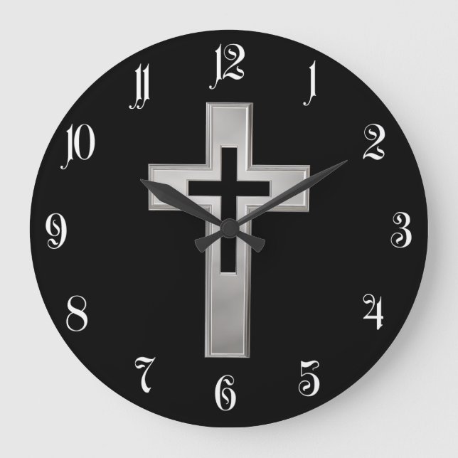 Silver Christian cross Large Clock (Front)