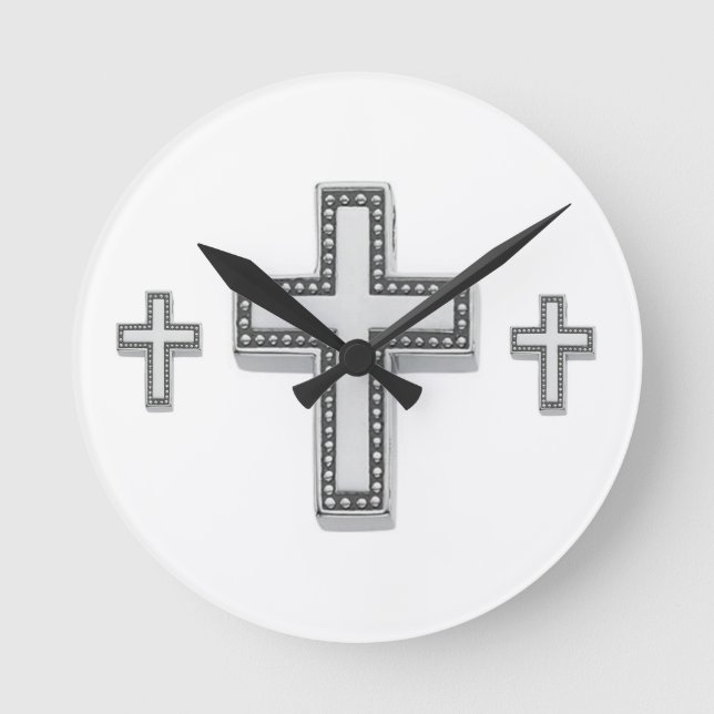 Silver Christian Cross Round Clock (Front)