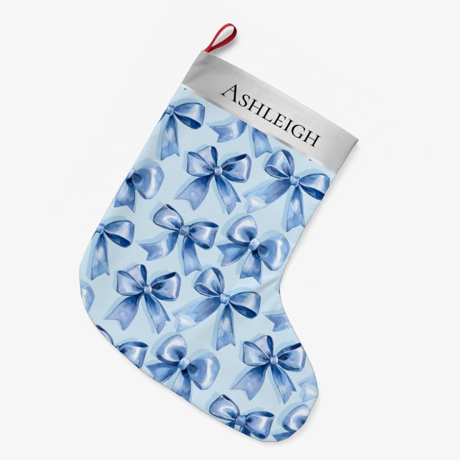 Silver Christmas Blue Bows Large Christmas Stocking (Front (Hanging))