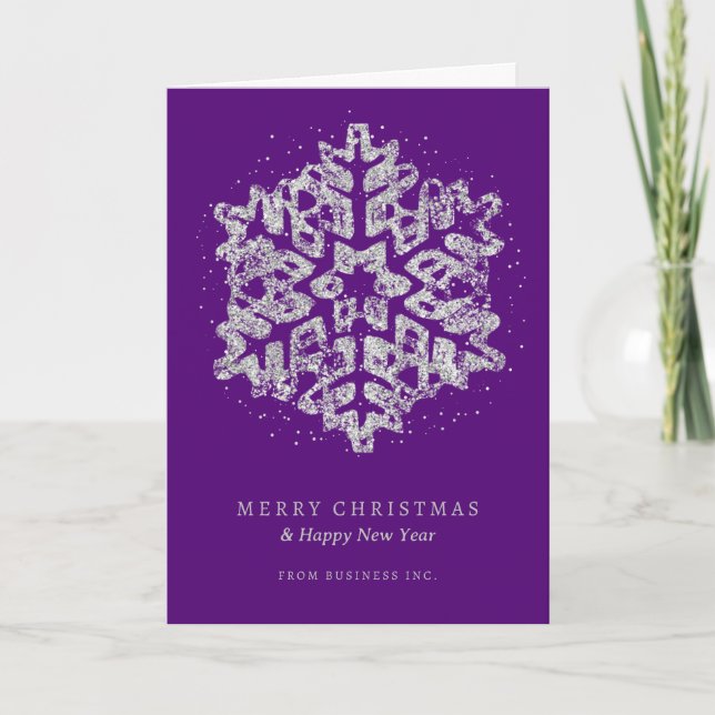 Silver Christmas Glitter Snowflake Corporate Purpl Holiday Card (Front)