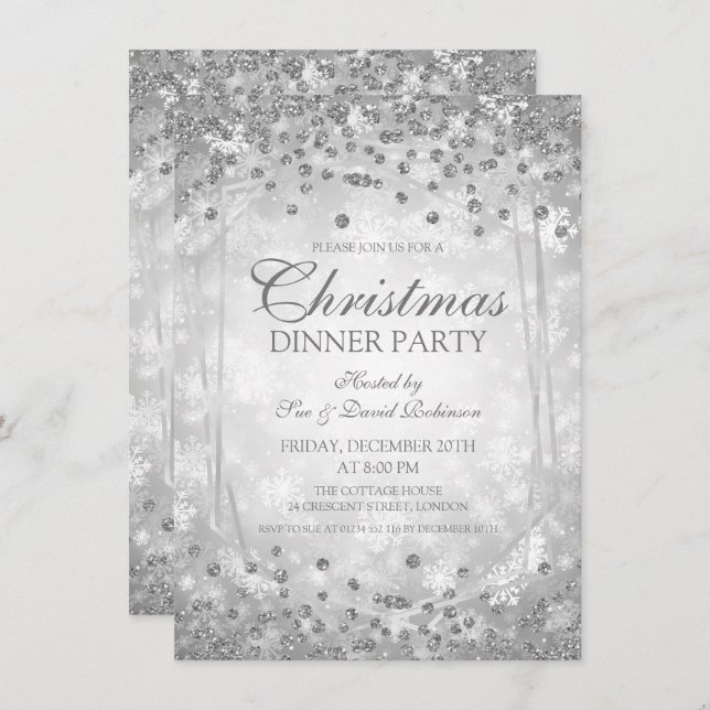 Silver Christmas Party Glitter Winter Glam Invitation (Front/Back)