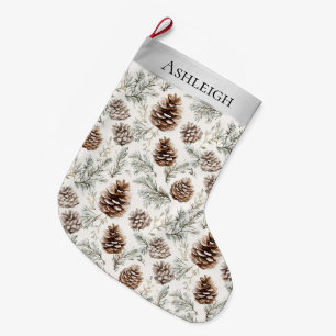 Silver Christmas Pine Cones Large Christmas Stocking