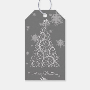 Silver Christmas Tree and Snowflakes Gift Tag