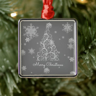 Silver Christmas Tree and Snowflakes Ornament