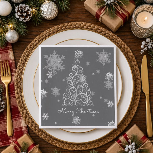 Silver Christmas Tree and Snowflakes Paper Napkin (Silver Christmas Tree and Snowflakes Paper Napkins)