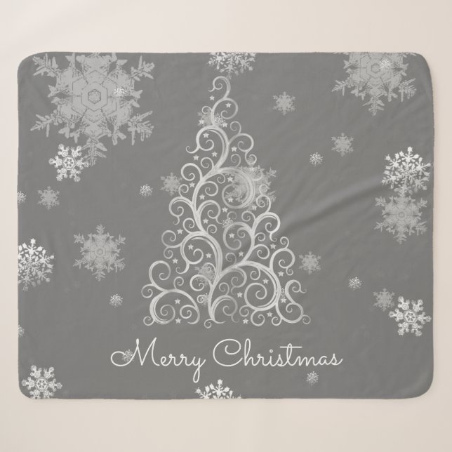 Silver Christmas Tree and Snowflakes Sherpa Blanket (Front (Horizontal))