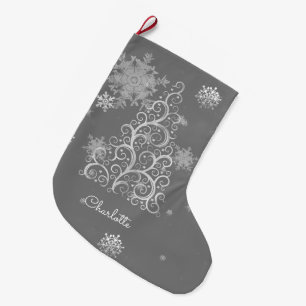 Silver Christmas Tree and Snowflakes Stocking