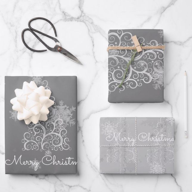 Silver Christmas Tree and Snowflakes  Wrapping Paper Sheet (Front)