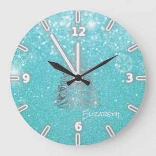 Silver Christmas Tree, Blue Glittery- Personalised Large Clock