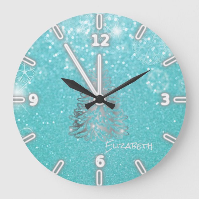 Silver Christmas Tree, Blue Glittery- Personalised Large Clock (Front)