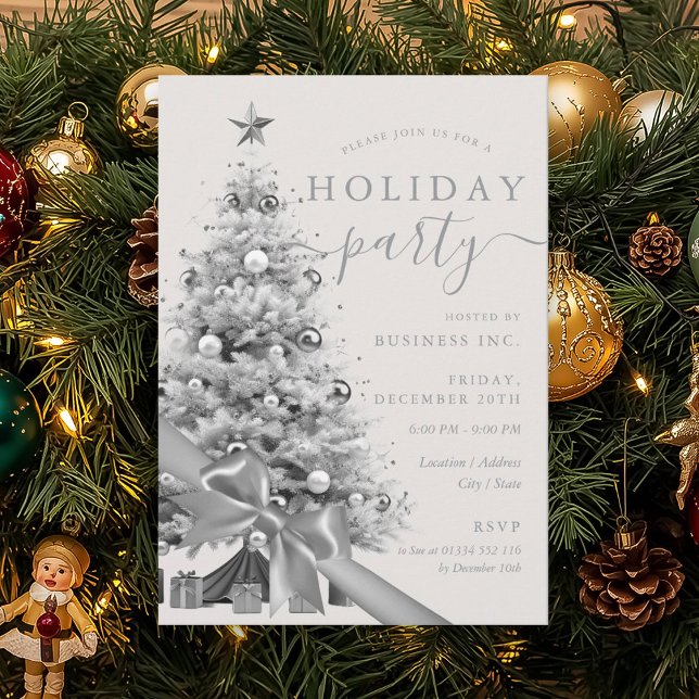 Silver Christmas Tree Bow Corporate Holiday Party  Invitation (Silver Christmas Tree Bow Corporate Holiday Party Invitation)