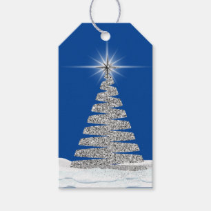 Silver Christmas Tree on Blue Gift Tags
