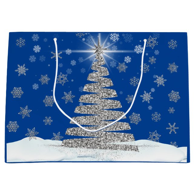 Silver Christmas Tree on Blue Holiday Large Gift Bag (Front)