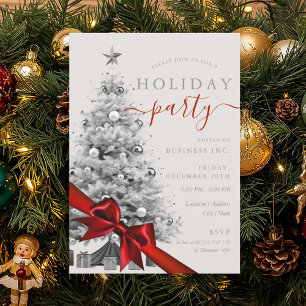 Silver Christmas Tree Red Bow Corporate Holiday Invitation