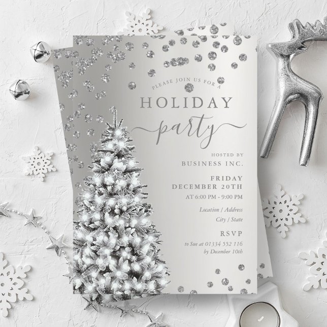 Silver Christmas Tree Winter Company Holiday  Invitation (Silver Christmas Tree Winter Company Holiday Invitation)