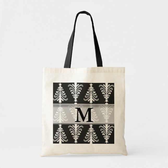 Silver Christmas Trees Black Monogrammed Tote Bag (Front)