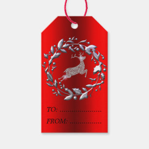 Silver Christmas Wreath and Reindeer Gift Tags