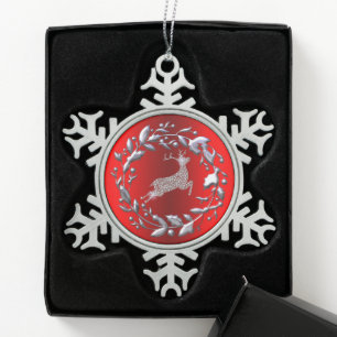 Silver Christmas Wreath and Reindeer Snowflake Pewter Christmas Ornament