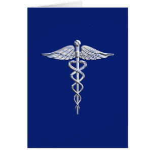 Silver Chrome Caduceus Medical Symbol on Navy Blue
