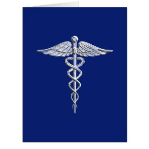 Silver Chrome Caduceus Medical Symbol on Navy Blue