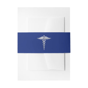 Silver Chrome Caduceus Medical Symbol on Navy Blue Invitation Belly Band