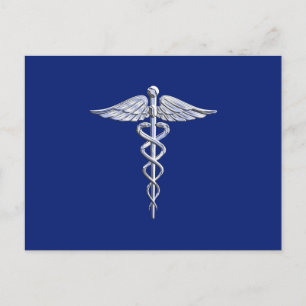 Silver Chrome Caduceus Medical Symbol on Navy Blue Postcard