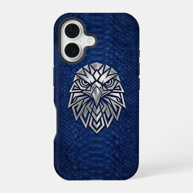 Silver Chrome Geometric Eagle Blue Python iPhone 16 Case (Back)