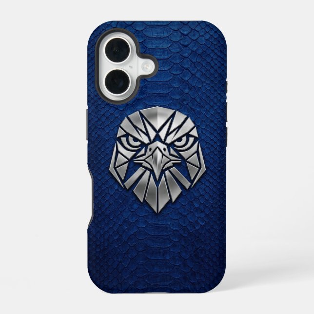 Silver Chrome Geometric Eagle Head Blue Python  iPhone 16 Case (Back)