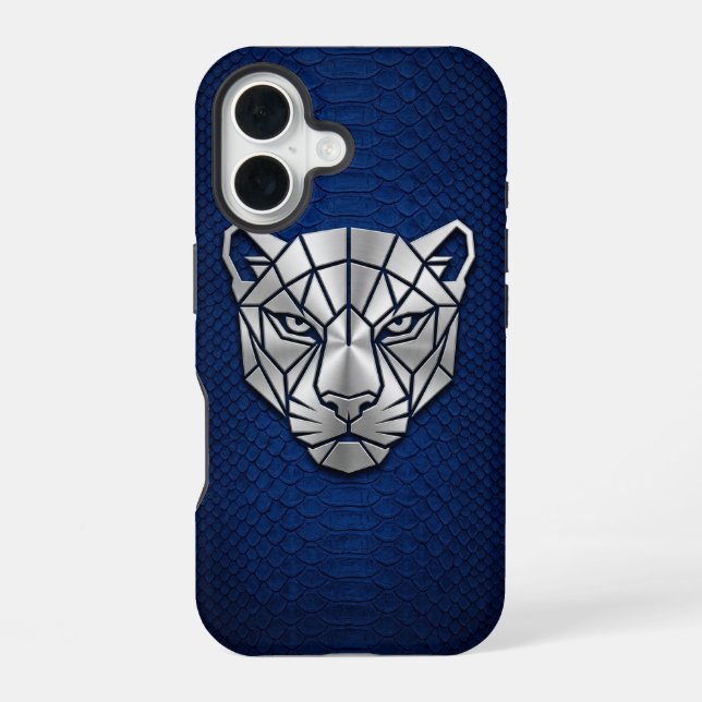 Silver Chrome Geometric Panther Blue Python iPhone 16 Case (Back)