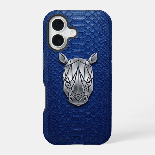 Silver Chrome Geometric Rhino Blue Python iPhone 16 Case (Back)