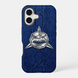 Silver Chrome Geometric Shark Blue Python iPhone 16 Case