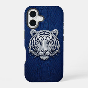 Silver Chrome Geometric Tiger Blue Python iPhone  16 Case