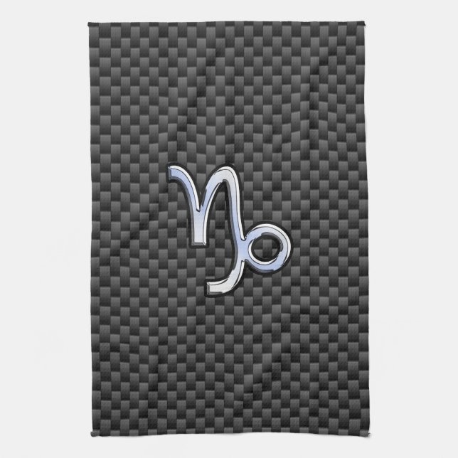 Silver Chrome like Capricorn Symbol Carbon Fibre Tea Towel (Vertical)