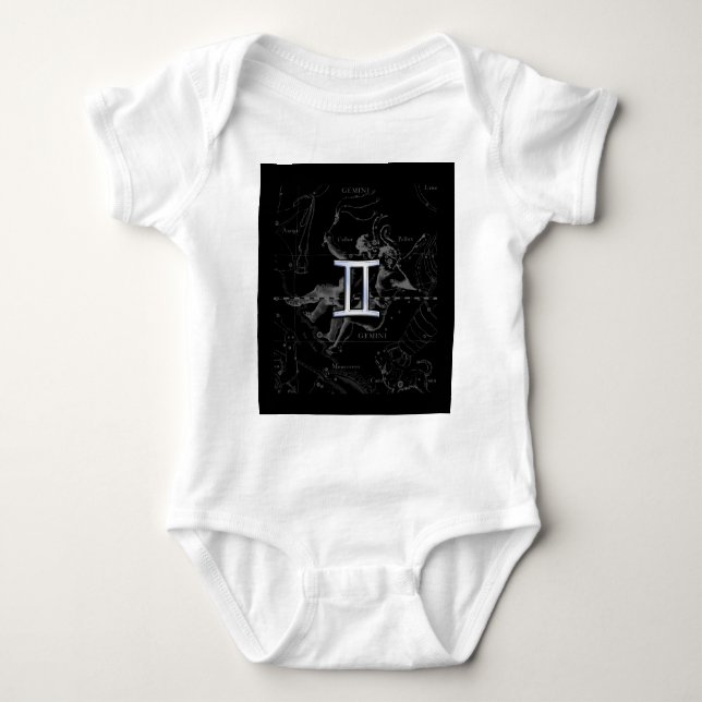 Silver Chrome like Gemini Zodiac Sign on Hevelius Baby Bodysuit (Front)