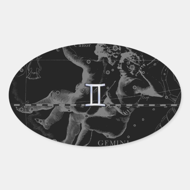 Silver Chrome like Gemini Zodiac Sign on Hevelius Oval Sticker (Front)