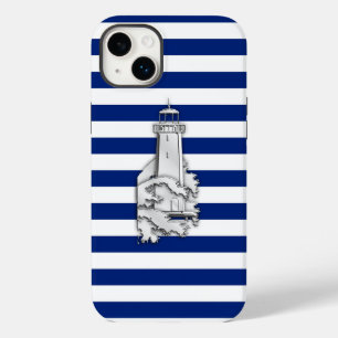 Silver Chrome Like Lighthouse on Navy Stripes iPhone 14 Plus Case